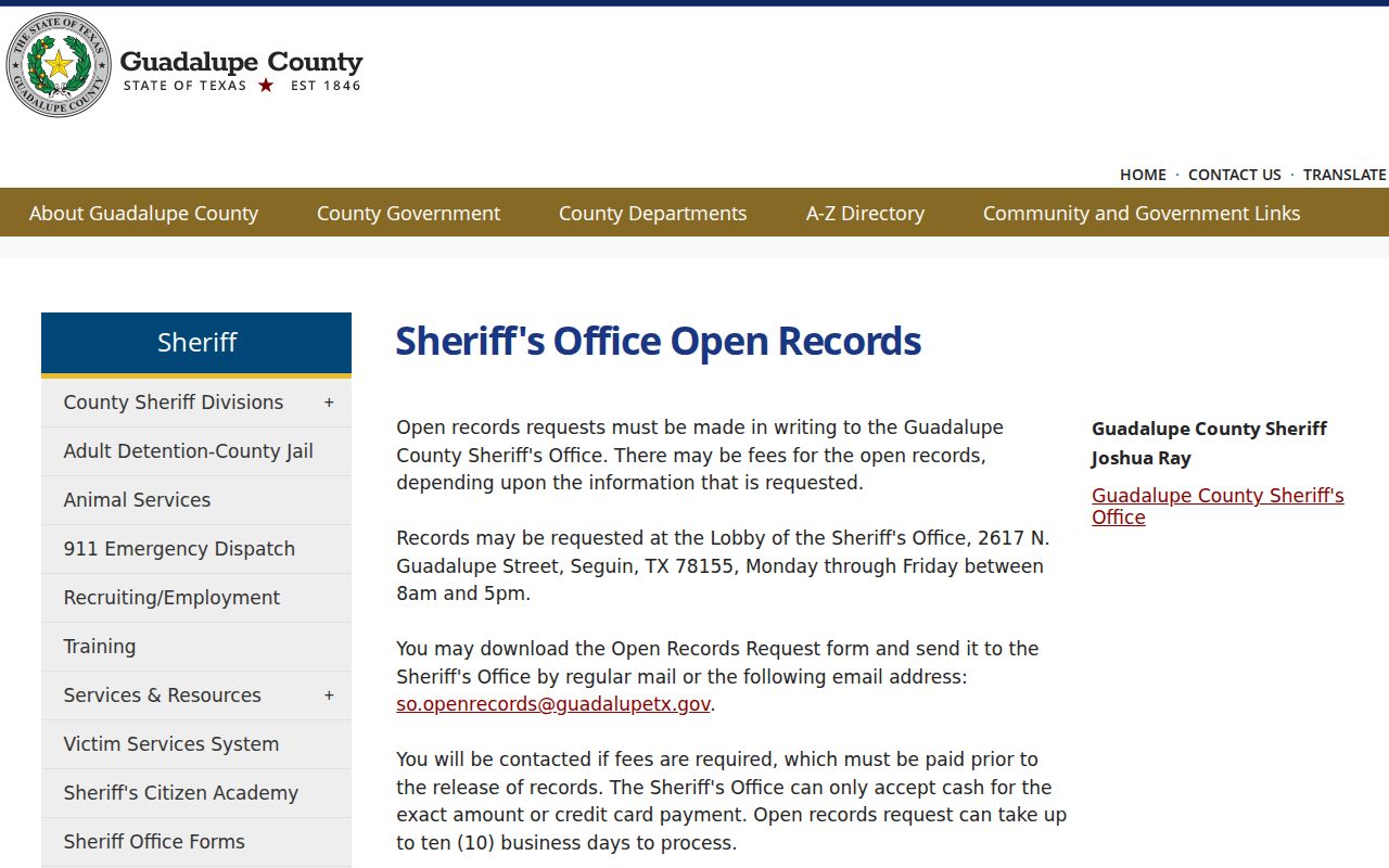 Seguin resident lookup Guadalupe County Sheriff records request information